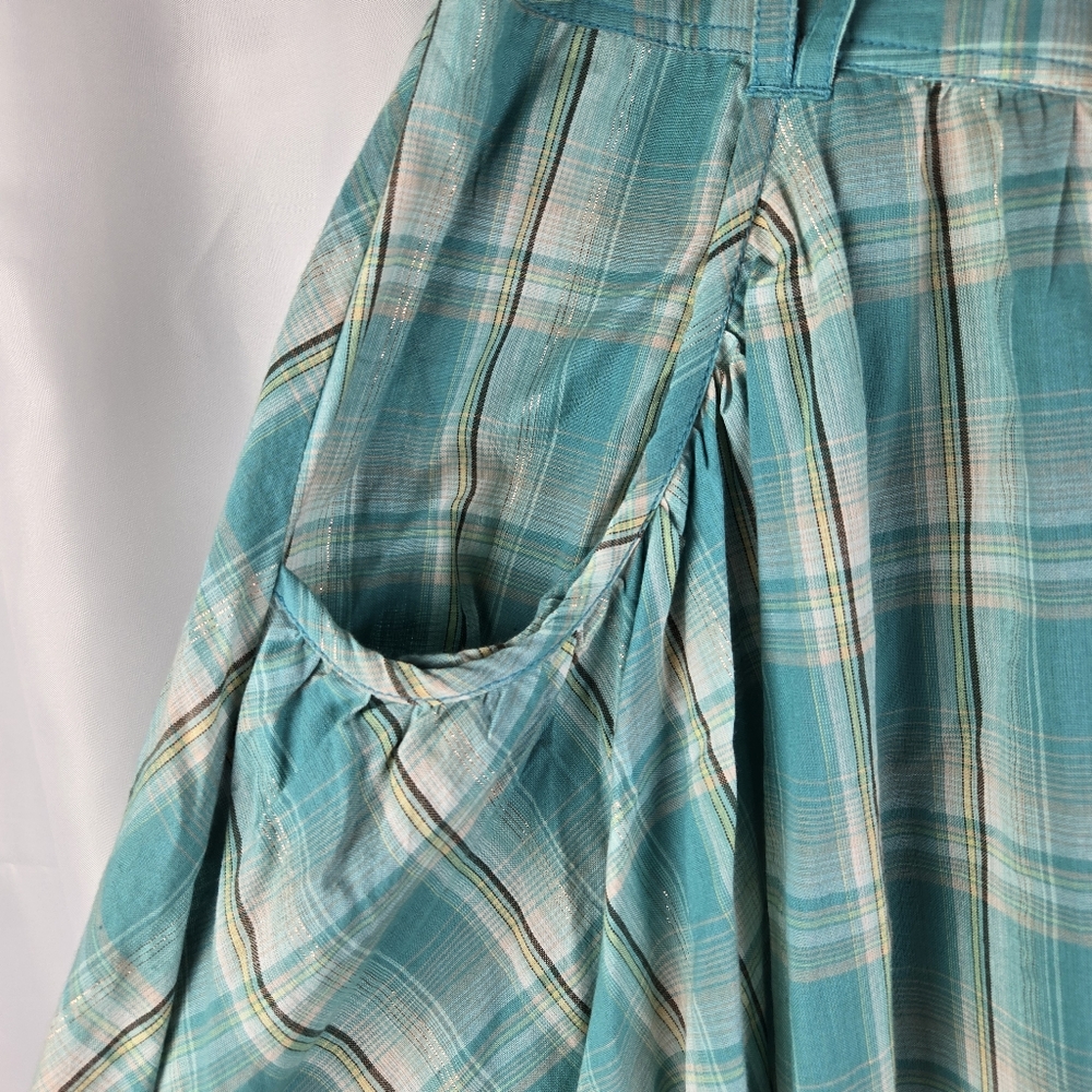 Larry Levine Metallic Gold Turquoise Button Up Flare Plaid Skirt Pockets Size 12 - Picture 6 of 12